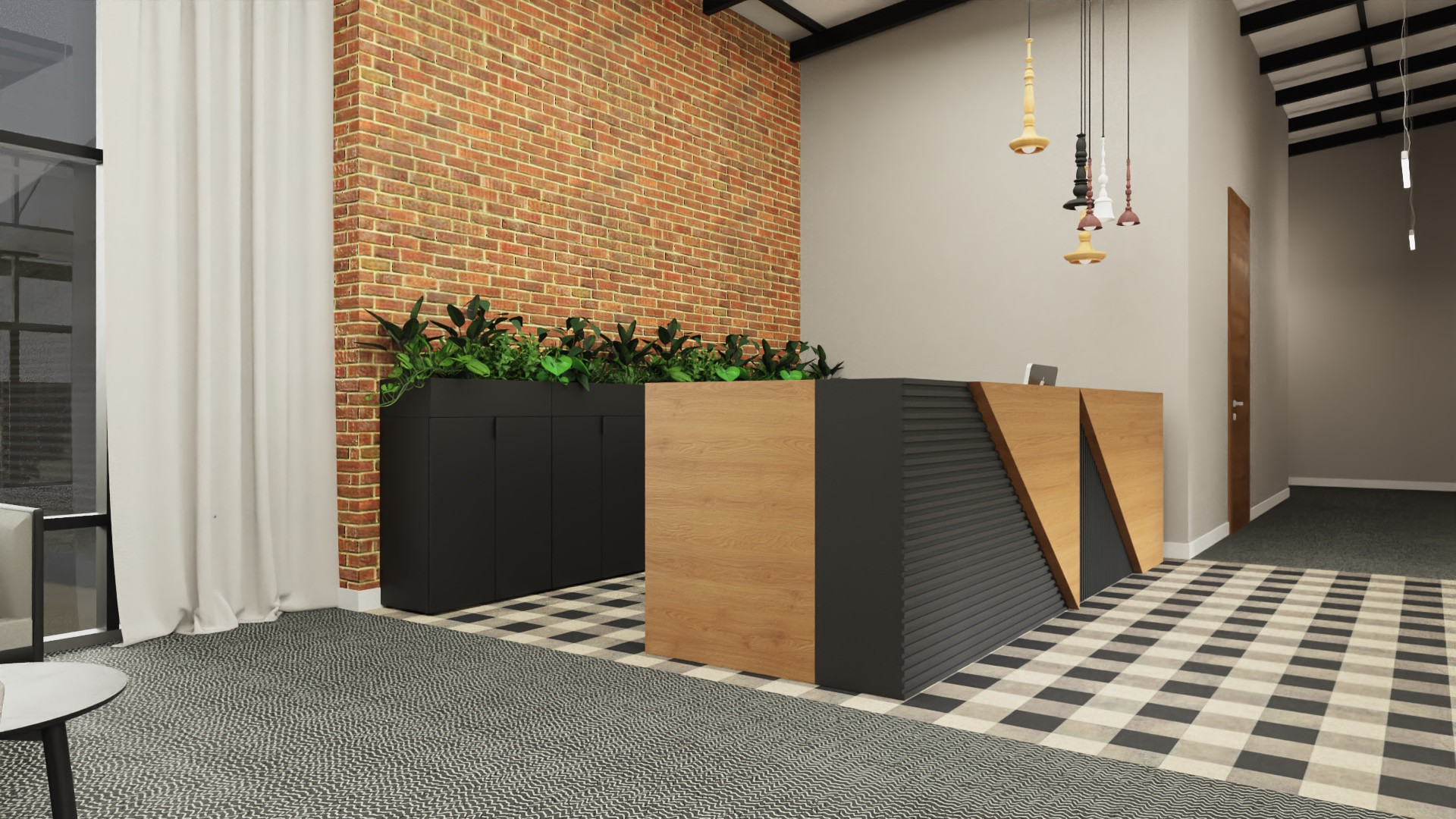 Nowoczesna lada recepcyjna z drewna i czarnego lamelu w biurze typu loft. Ściana z czerwonej cegły, czarna szafa z roślinami oraz designerskie oświetlenie wiszące nad recepcją.
